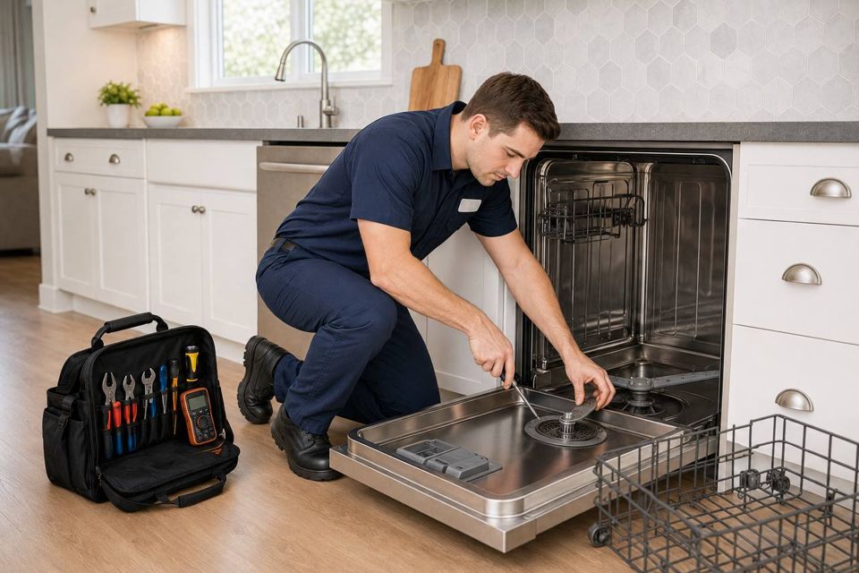 Owen at the sump of a pulled-out dishwasher with the racks removed