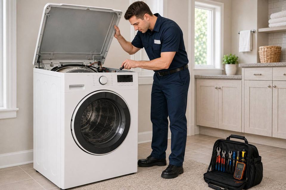 Owen with a laundry machine&rsquo;s top lifted, checking the drum drive and wiring