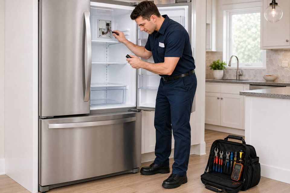 Owen metering the control connections inside an open French-door refrigerator