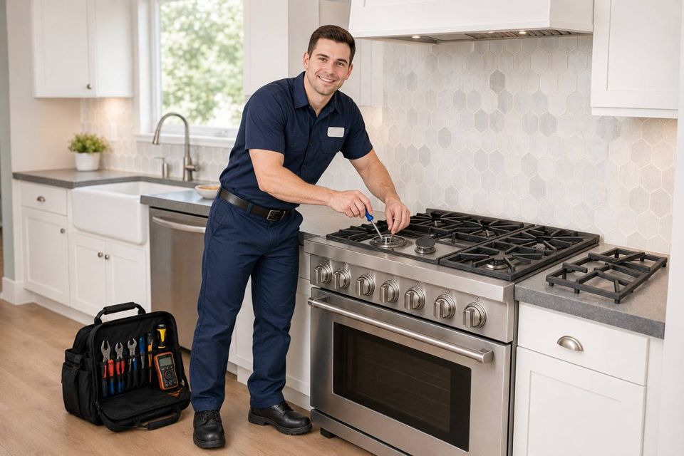 Owen servicing a gas range burner with the grate removed