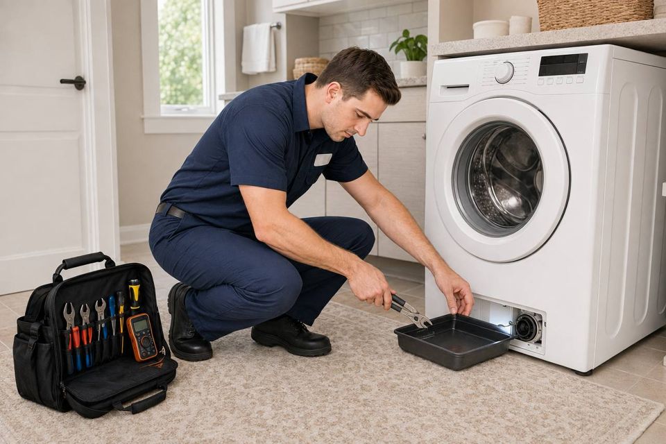 Owen draining a front-load washer&rsquo;s pump filter into a pan